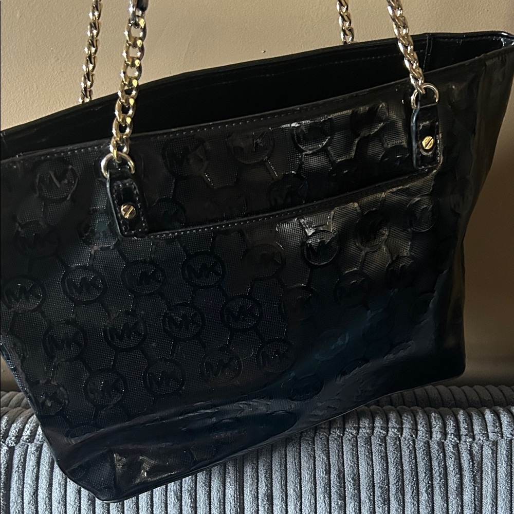 Michael Kors Glossy Black Tote with Gold Chain